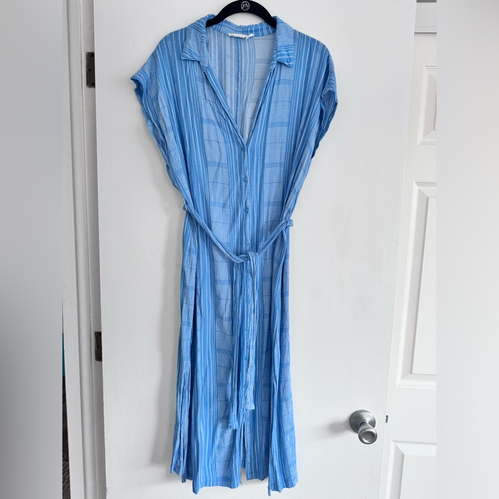 Lush Midi Button Up Dress - 100% Rayon - Denim/Ivory - Women’s Size L - Picture 2 of 6